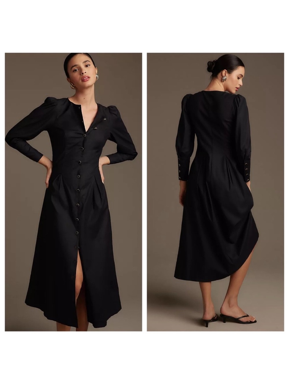NWOT Reformation Black Button-Front Midi Dress with Puff Shoulders